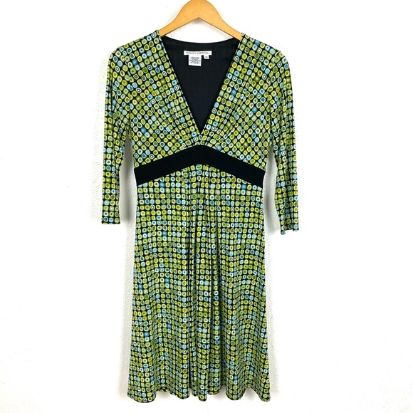 Maggy London Geometric Blue Green Square Pattern Midi Dress, Size 10 - Picture 1 of 10
